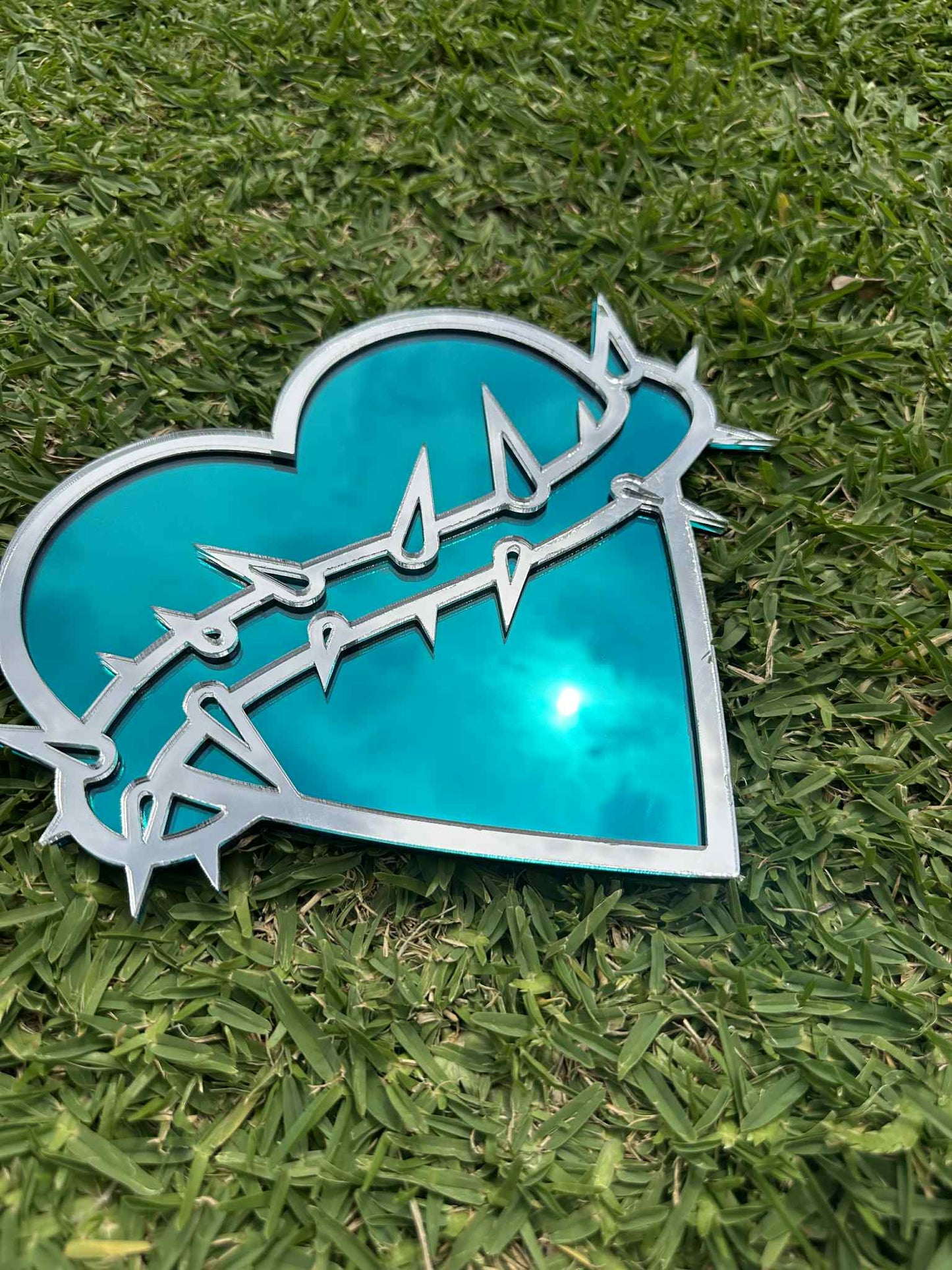 PRE-MADE - Tattoo Heart Mirror with Thorns – Teal & Silver Gothic Wall Art