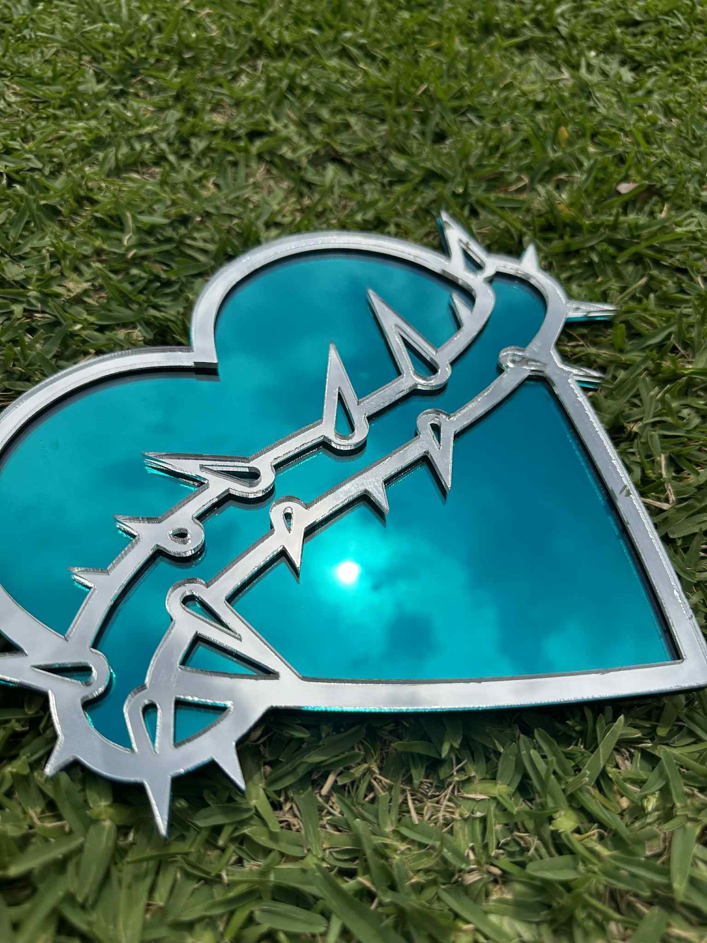 PRE-MADE - Tattoo Heart Mirror with Thorns – Teal & Silver Gothic Wall Art