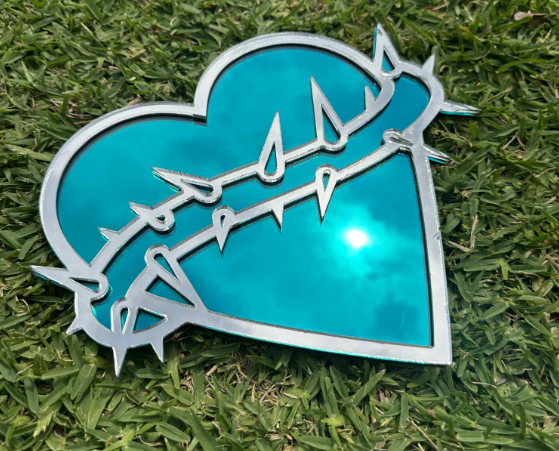 PRE-MADE - Tattoo Heart Mirror with Thorns – Teal & Silver Gothic Wall Art