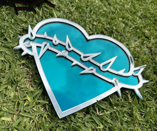 PRE-MADE - Tattoo Heart Mirror with Thorns – Teal & Silver Gothic Wall Art